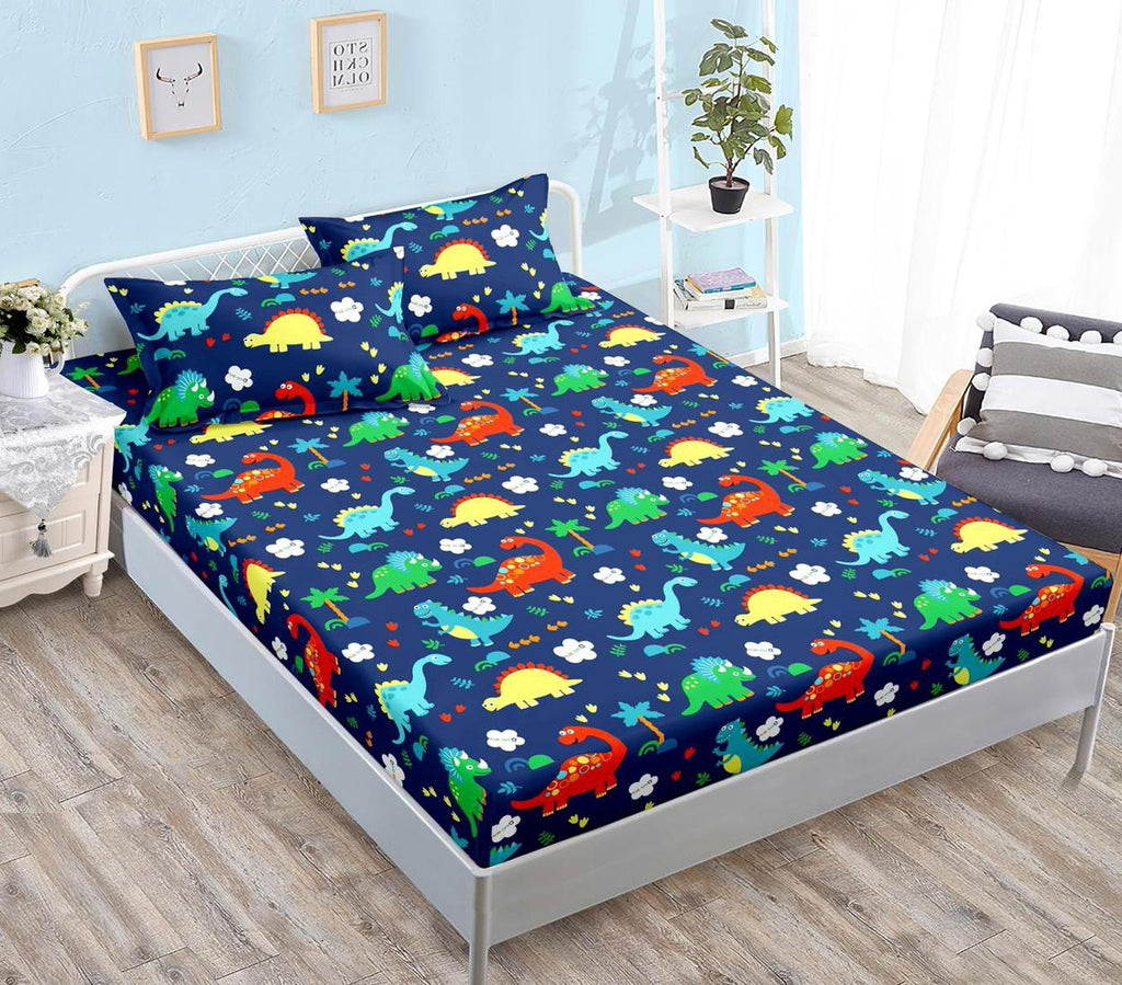 Huse cu Elastic Bumbac Satinat Pat Dublu Albastre Dinozauri CF541
