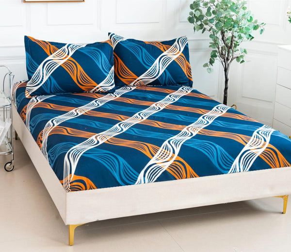 Huse cu Elastic Bumbac Satinat Pat Dublu Albastre Dungi CF226