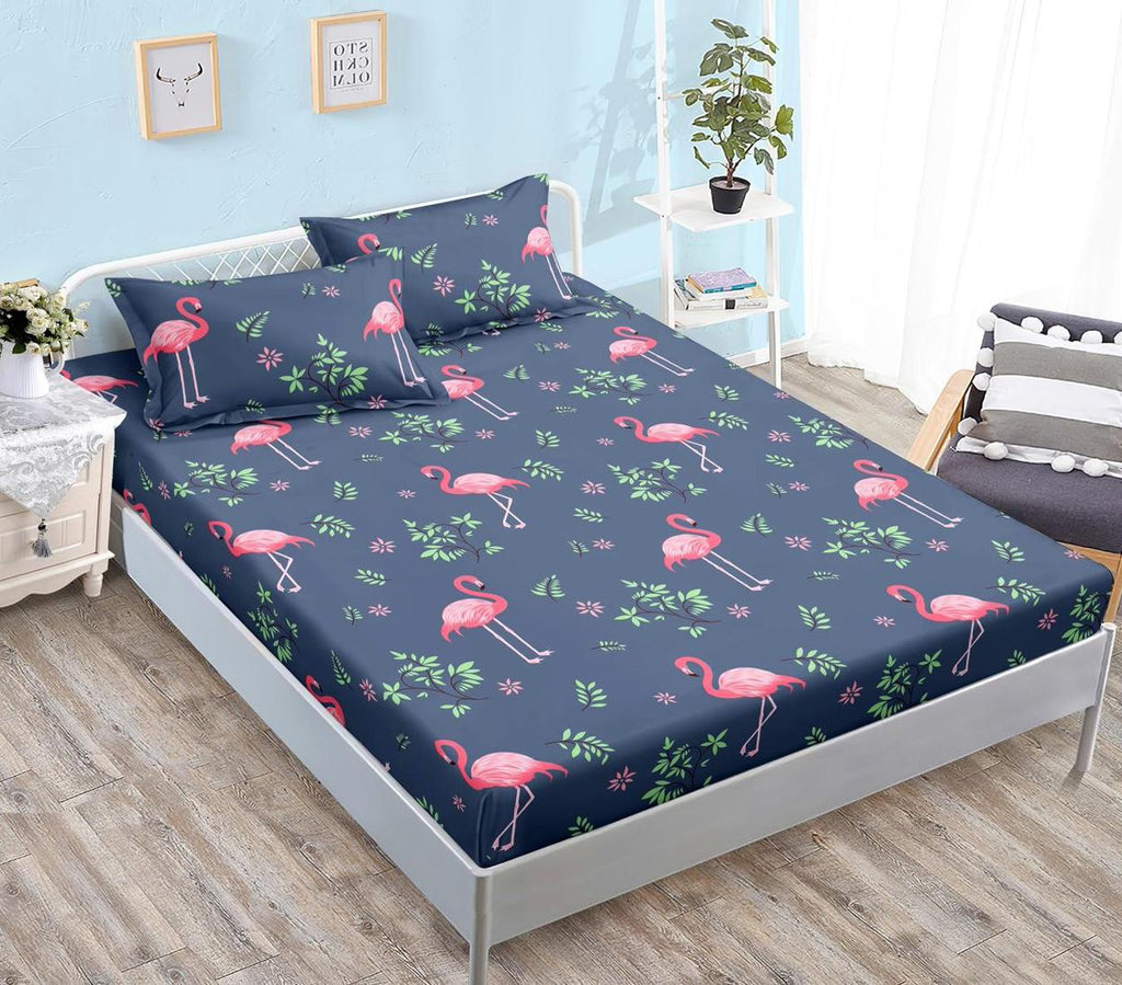 Huse cu Elastic Bumbac Satinat Pat Dublu Albastre Flamingo CF552