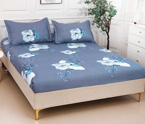 Huse cu Elastic Bumbac Satinat Pat Dublu Albastre Floral CF231