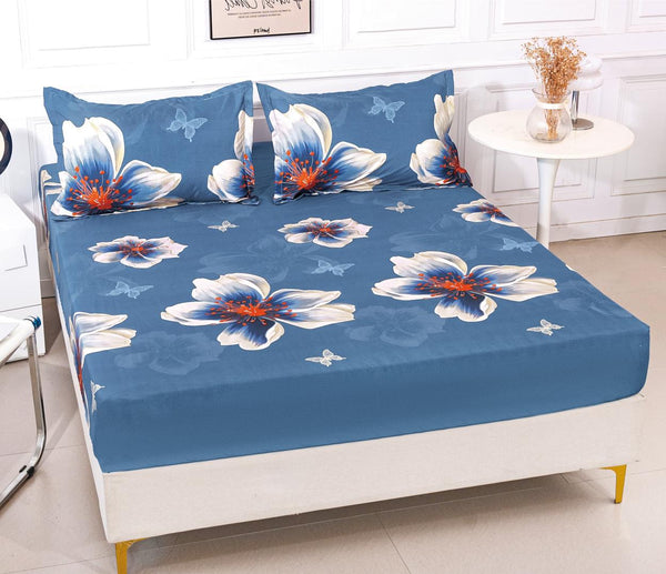 Huse cu Elastic Bumbac Satinat Pat Dublu Albastre Floral CF254