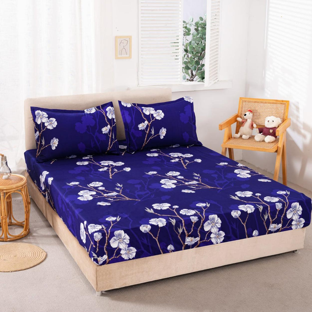 Huse cu Elastic Bumbac Satinat Pat Dublu Albastre Floral CF66