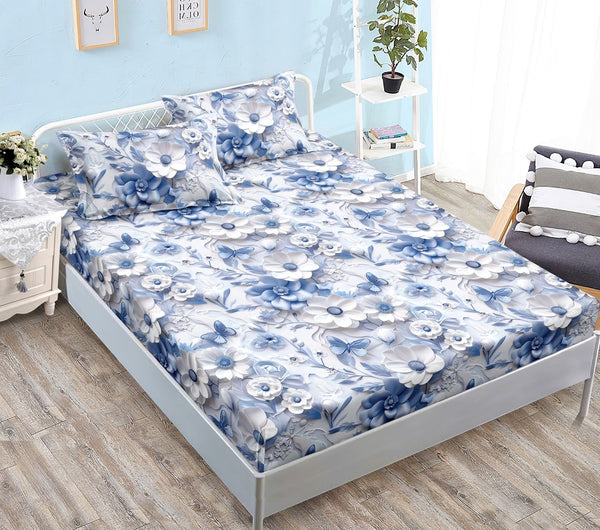 Cearceaf-Elastic-180x200-Bumbac-Satinat-Albastru-Floricele-CF561