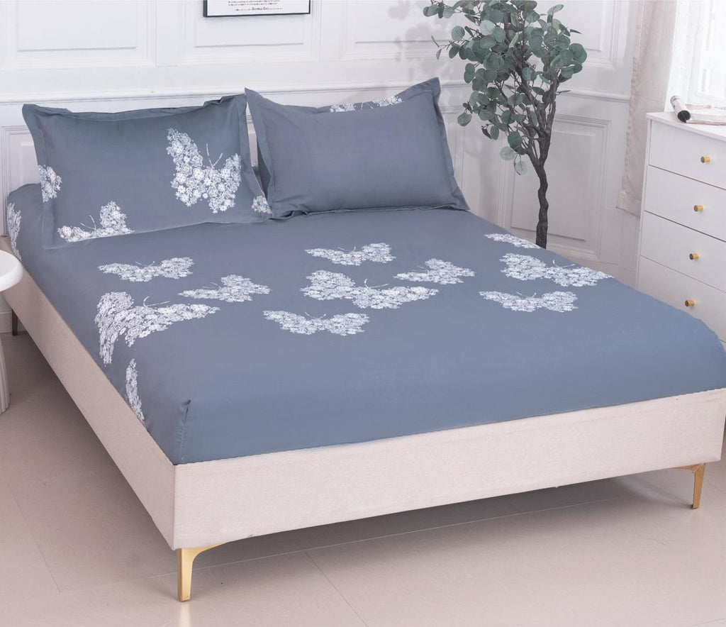 Huse cu Elastic Bumbac Satinat Pat Dublu Albastre Fluturasi CF98