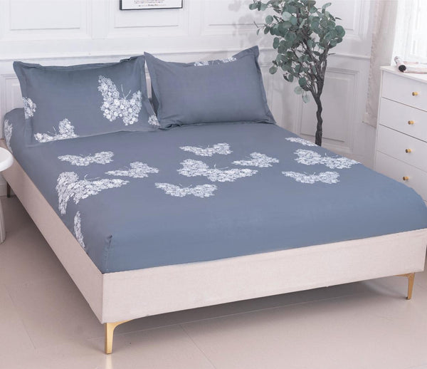 Huse cu Elastic Bumbac Satinat Pat Dublu Albastre Fluturasi CF98