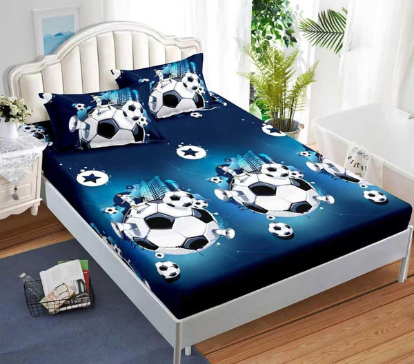 Huse cu Elastic Bumbac Satinat Pat Dublu Albastre Fotbal CF590