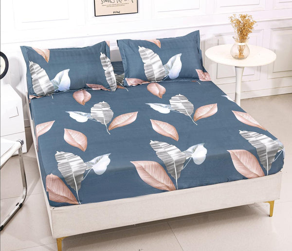 Huse cu Elastic Bumbac Satinat Pat Dublu Albastre Frunze CF250