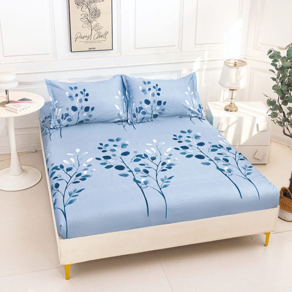 huse cu elastic bumbac satinat pat dublu albastru crengute frunze CF806