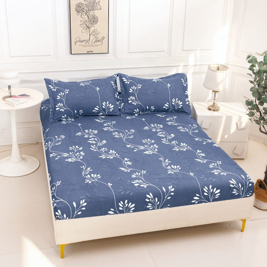 huse cu elastic bumbac satinat pat dublu albastru alb frunze CF819