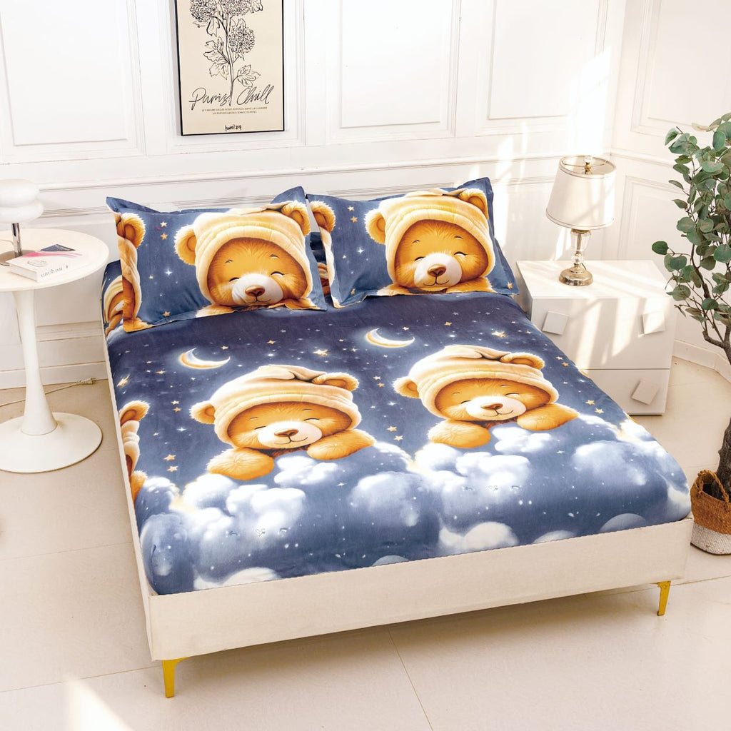 huse cu elastic bumbac satinat pat dublu albastru maro ursuleti nori CF814