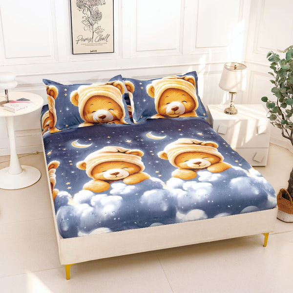 huse cu elastic bumbac satinat pat dublu albastru maro ursuleti nori CF814