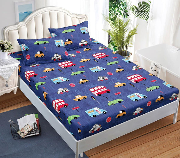 Huse cu Elastic Bumbac Satinat Pat Dublu Albastre Masinute CF514