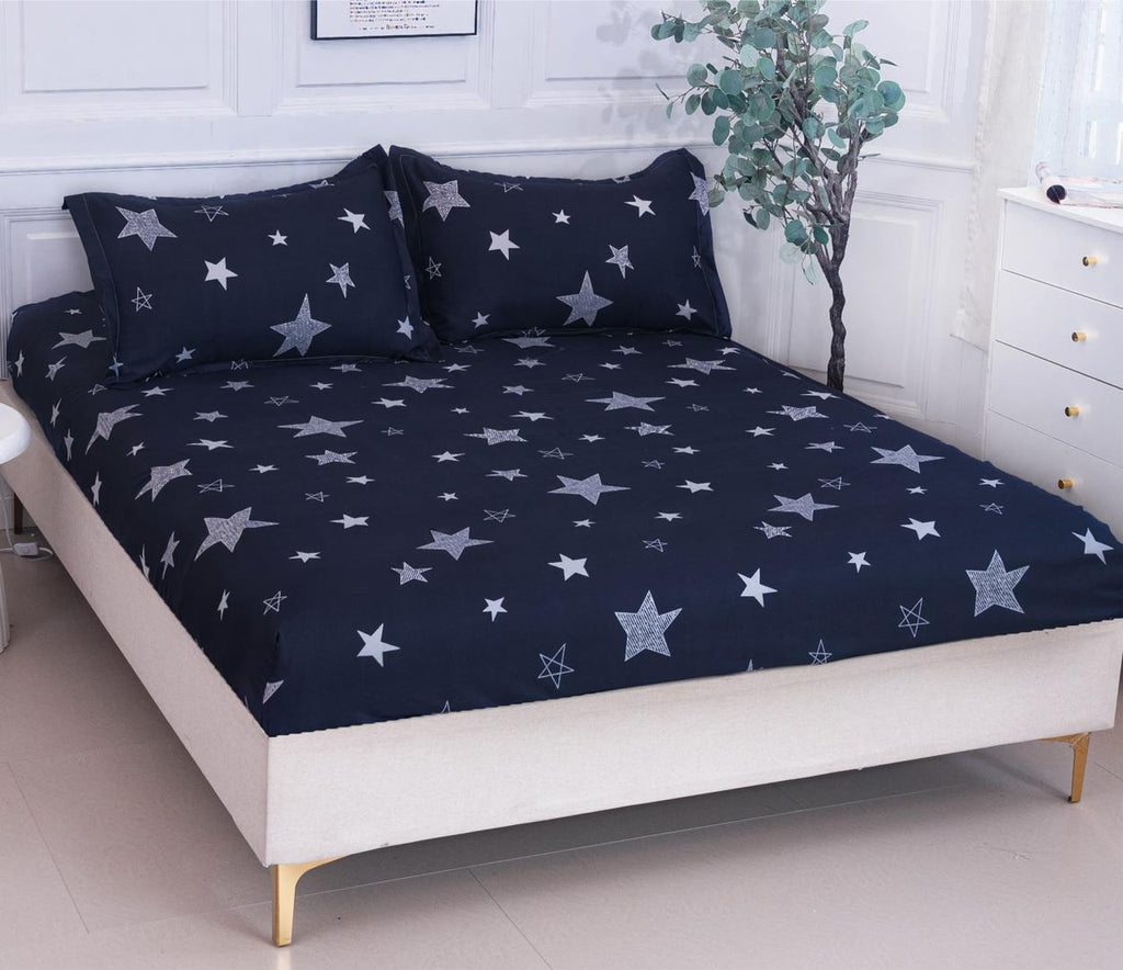 Huse cu Elastic Bumbac Satinat Pat Dublu Albastre Stelute CF219
