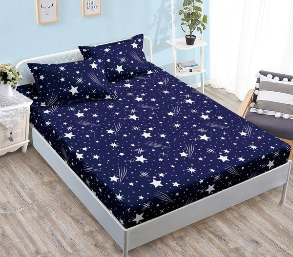 Huse cu Elastic Bumbac Satinat Pat Dublu Albastre Stelute CF503