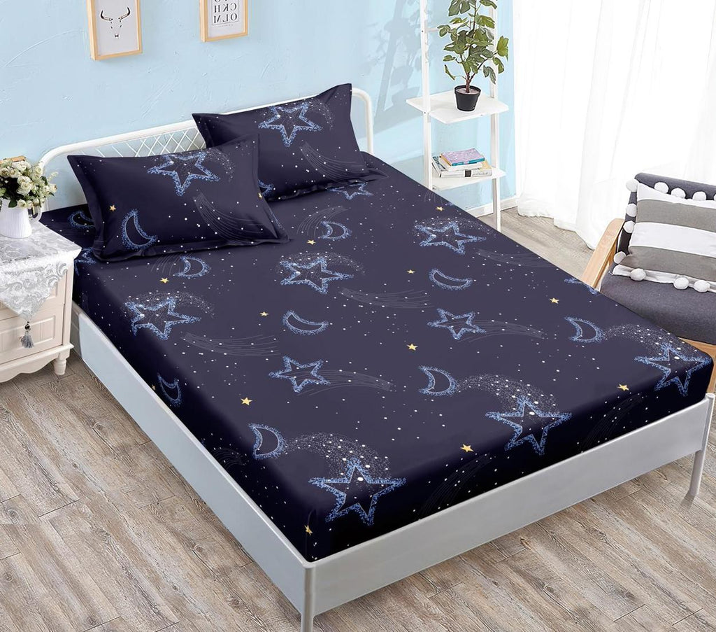 Huse cu Elastic Bumbac Satinat Pat Dublu Albastre Stelute CF504