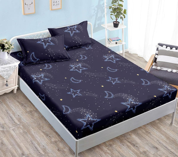 Huse cu Elastic Bumbac Satinat Pat Dublu Albastre Stelute CF504