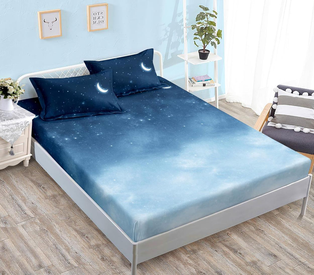 Huse cu Elastic Bumbac Satinat Pat Dublu Albastre Stelute pe Cer CF555