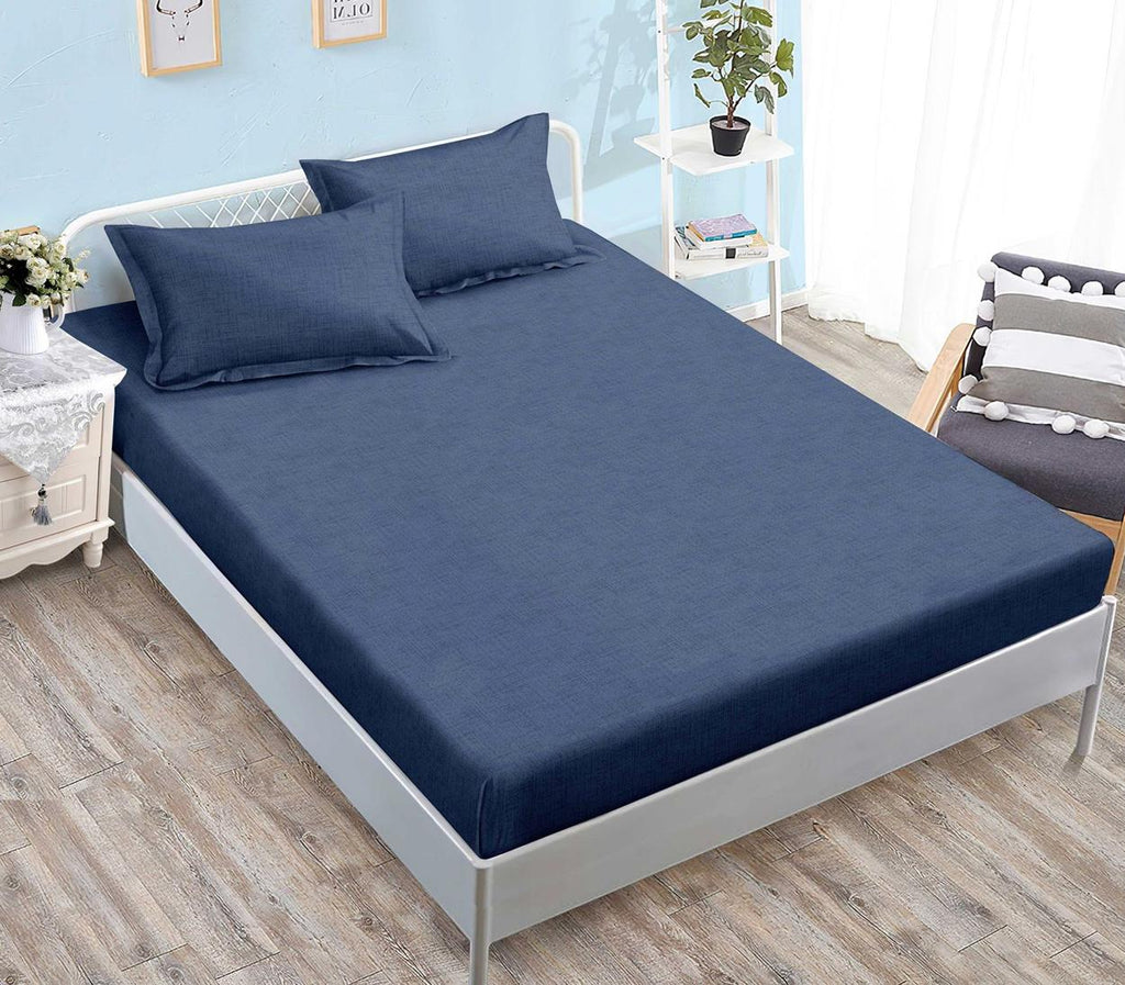 Huse cu Elastic Bumbac Satinat Pat Dublu Albastre Model Simplu CF543