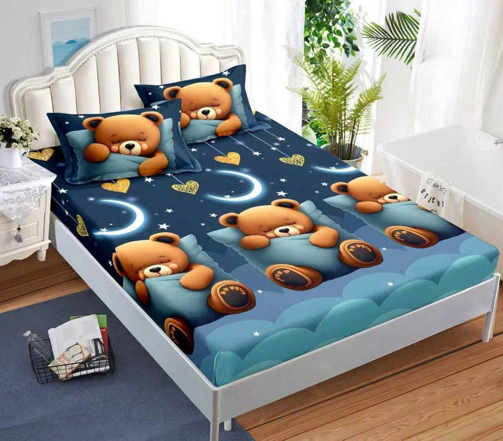 Huse cu Elastic Bumbac Satinat Pat Dublu Albastre Ursuleti Copii CF572