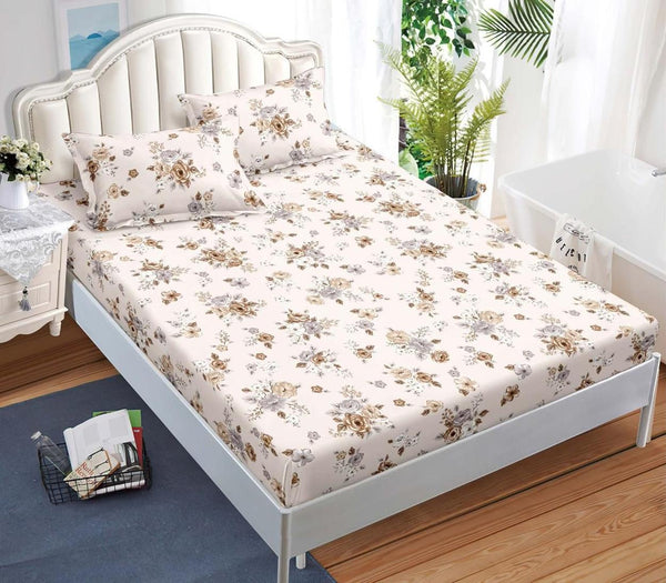 Huse cu Elastic Bumbac Satinat Pat Dublu Bej Flori CF577
