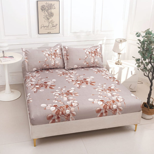 huse cu elastic bumbac satinat pat dublu bej maro frunze CF818