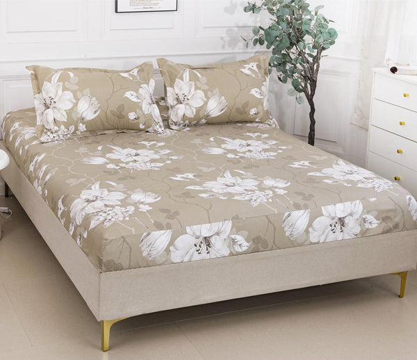 Huse cu Elastic Bumbac Satinat Pat Dublu Bej Floral CF86