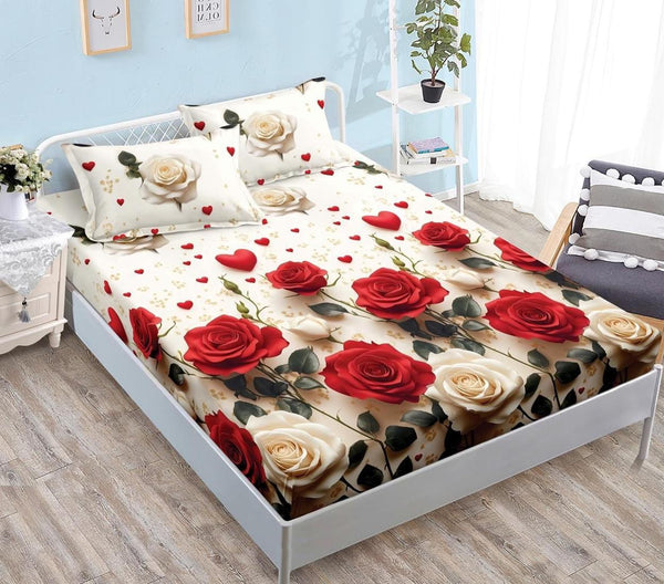 Huse cu Elastic Bumbac Satinat Pat Dublu Bej Rosii Flori Floral CF567
