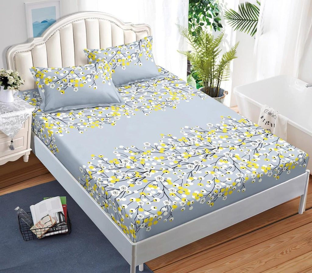 Huse cu Elastic Bumbac Satinat Pat Dublu Bleu Floral CF521
