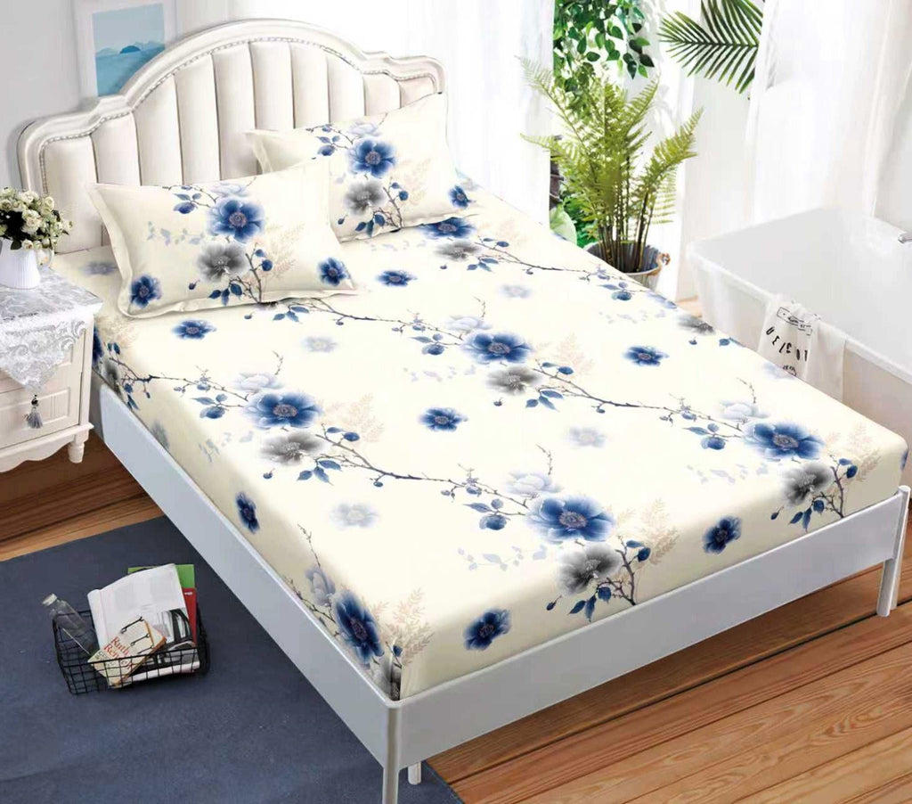 cearceaf elastic 180x200 bumbac satinat crem albastru floricele CF612