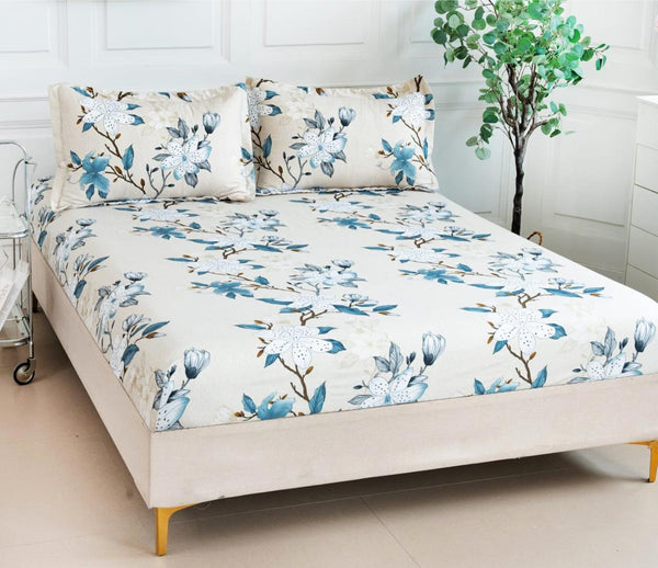 Huse cu Elastic Bumbac Satinat Pat Dublu Crem Floral CF212