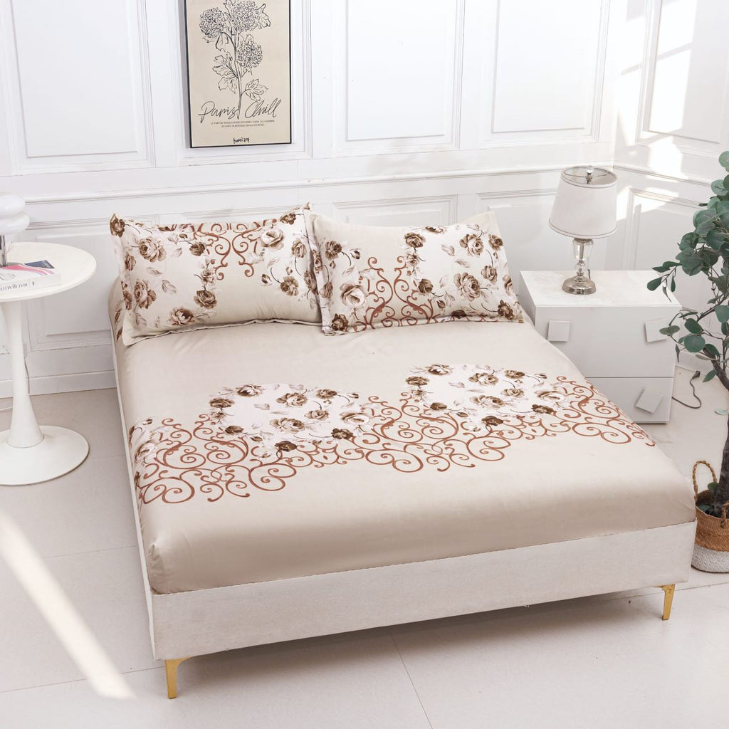 huse cu elastic bumbac satinat pat dublu crem flori oriental CF802