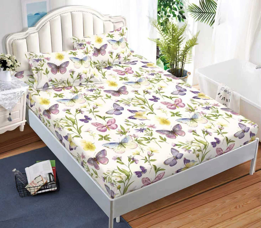 cearceaf elastic 180x200 bumbac satinat crem floricele CF604