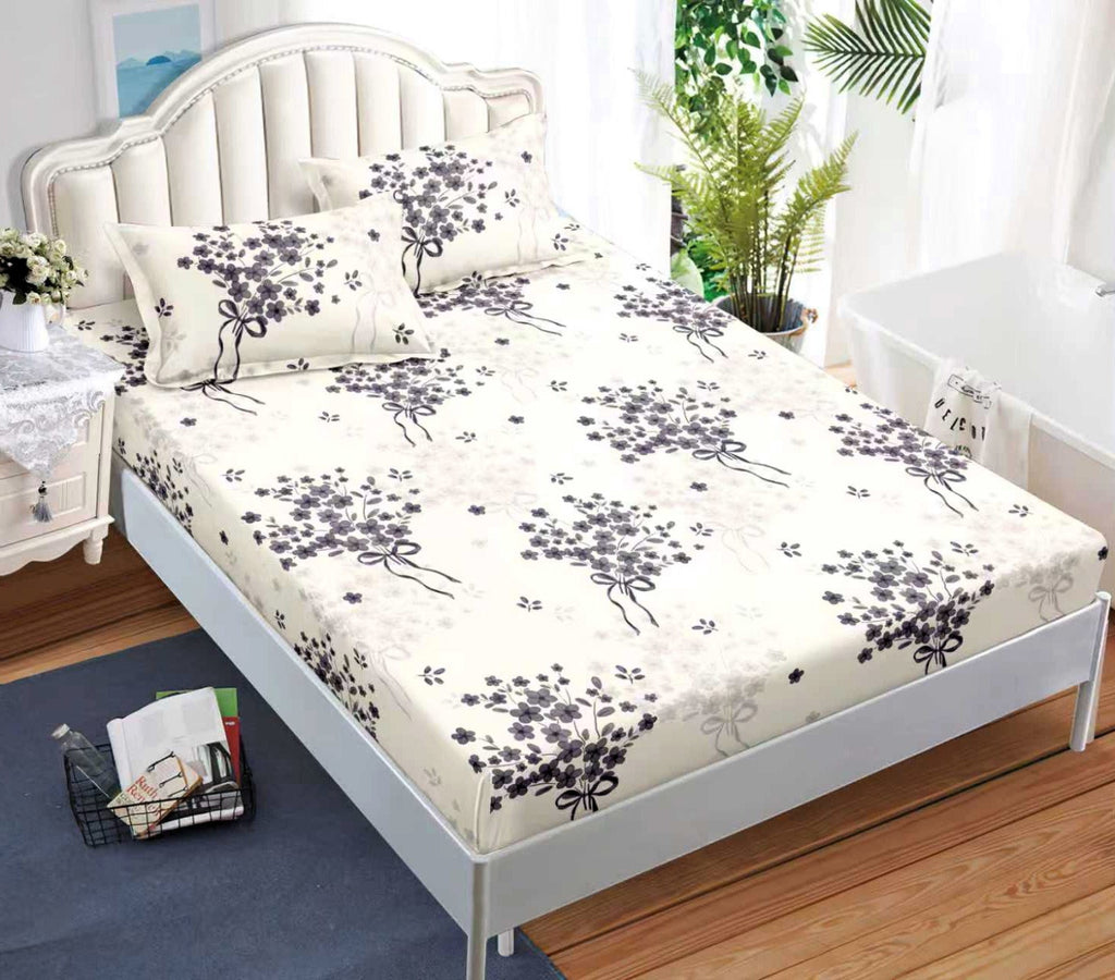 cearceaf elastic 180x200 bumbac satinat crem floricele CF625