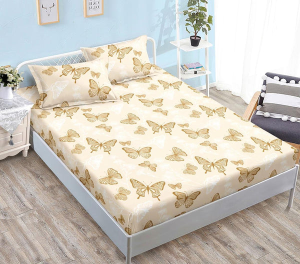 Huse cu Elastic Bumbac Satinat Pat Dublu Crem Fluturasi CF516