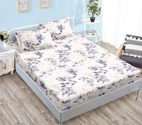 cearceaf elastic 180x200 bumbac satinat crem mov floricele CF608