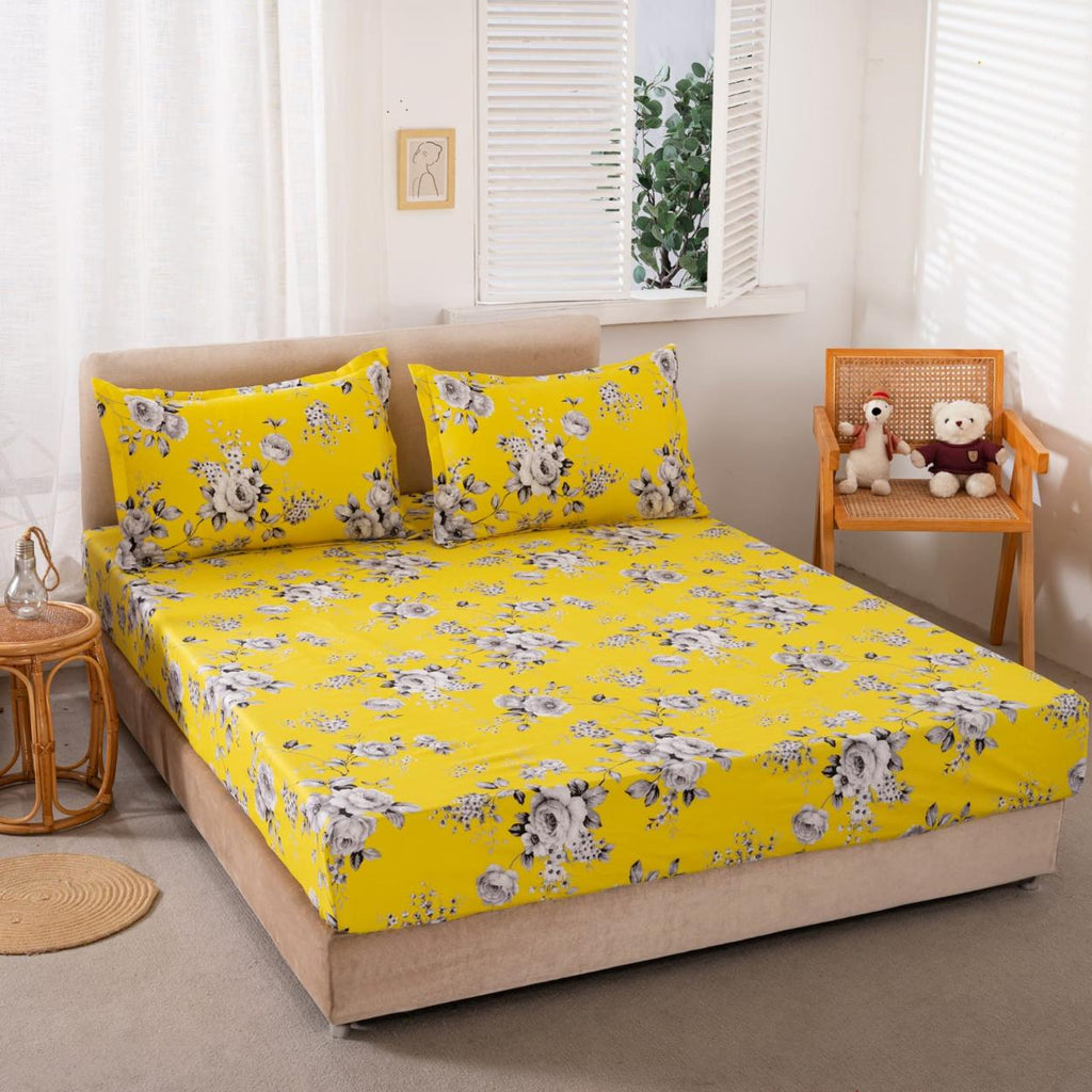 Huse cu Elastic Bumbac Satinat Pat Dublu Galbene Floral CF72