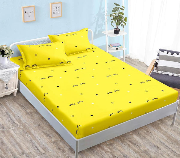 Huse cu Elastic Bumbac Satinat Pat Dublu Galbene Gene Stele CF539