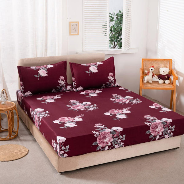 Huse cu Elastic Bumbac Satinat Pat Dublu Rosii Floral CF68