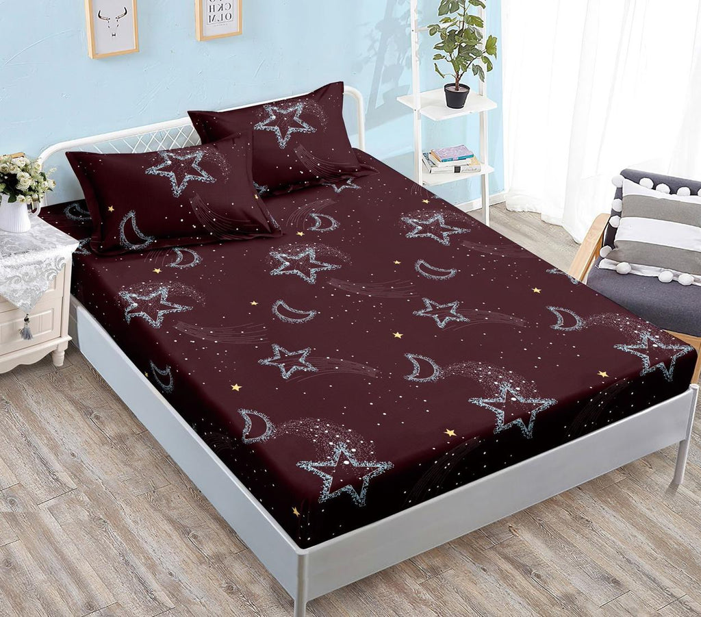 Huse cu Elastic Bumbac Satinat Pat Dublu Bordo Stelute CF505