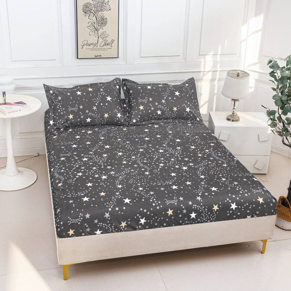 huse cu elastic bumbac satinat pat dublu gri alb stelute CF813 