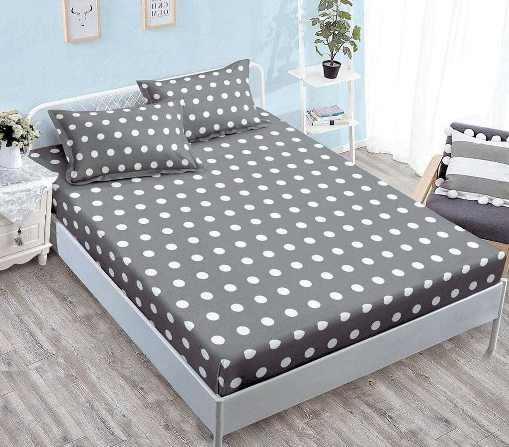 Huse cu Elastic Bumbac Satinat Pat Dublu Gri Buline CF527
