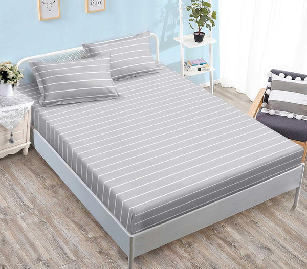 Huse cu Elastic Bumbac Satinat Pat Dublu Gri Dungi CF550