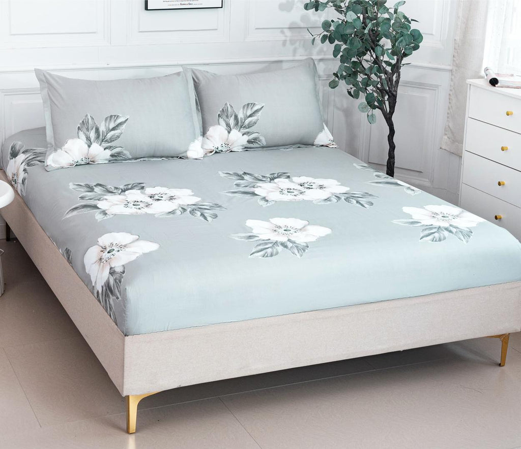 Huse cu Elastic Bumbac Satinat Pat Dublu Gri Floral CF114
