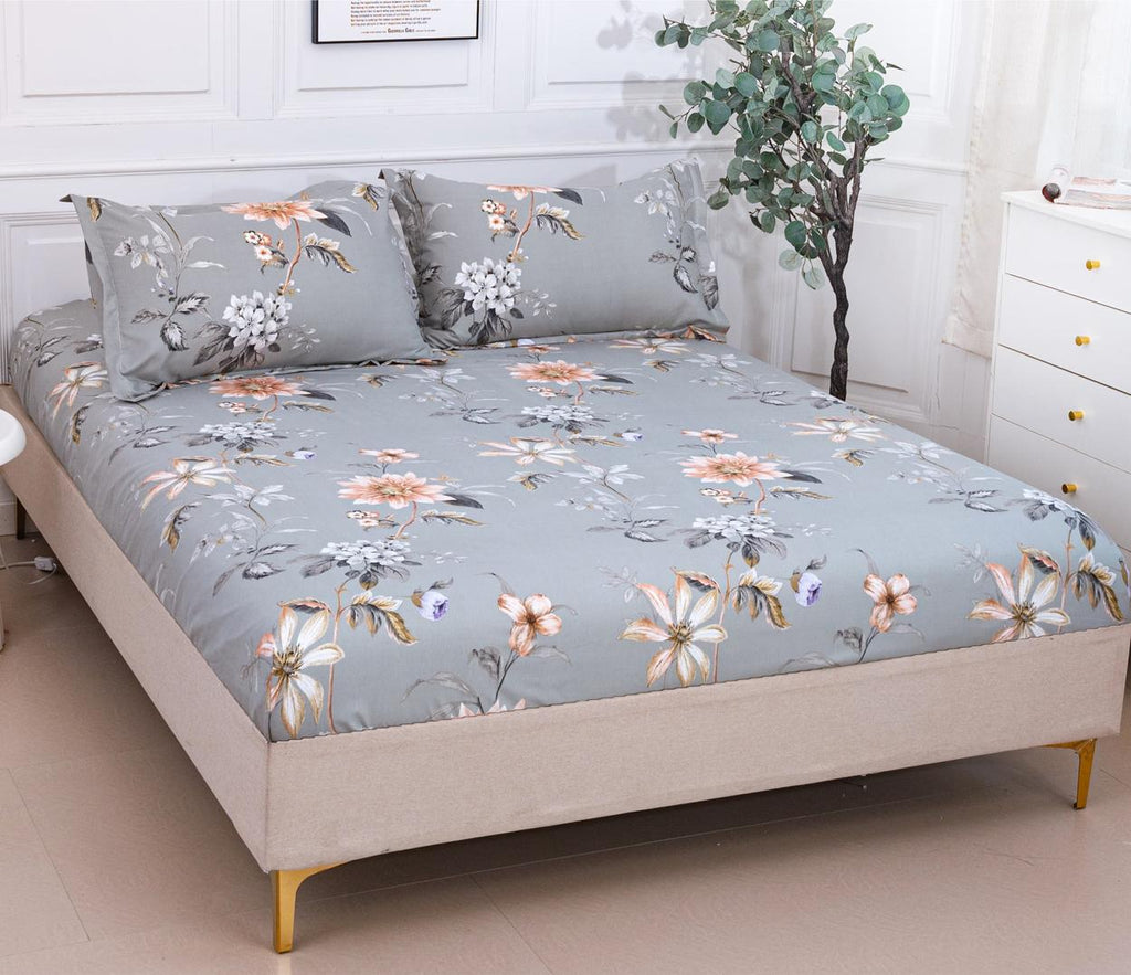 Huse cu Elastic Bumbac Satinat Pat Dublu Gri Floral CF115
