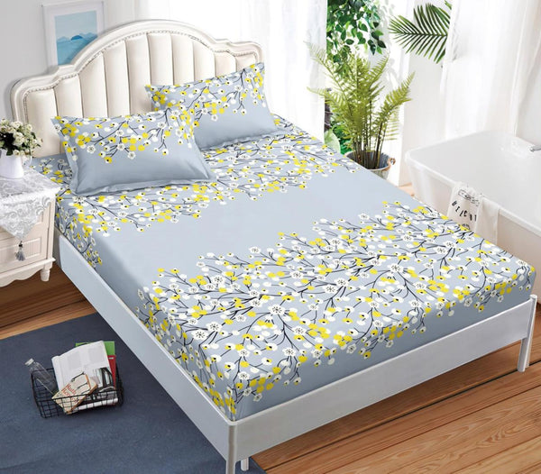 huse cu elastic bumbac satinat pat dublu gri floral CF521