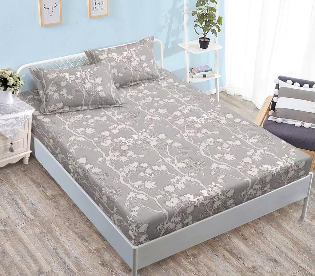 Huse cu Elastic Bumbac Satinat Pat Dublu Gri Floral Frunze  CF569