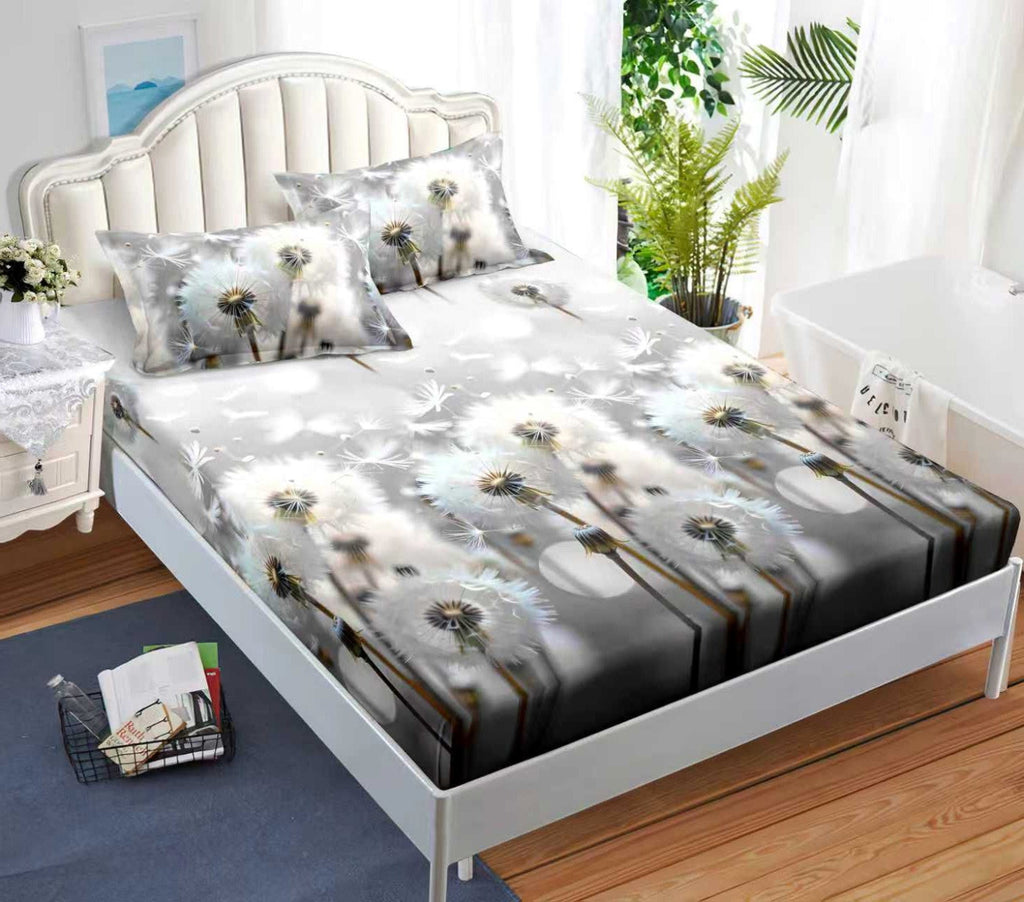 cearceaf elastic 180x200 bumbac satinat gri flori CF593