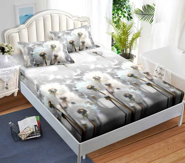cearceaf elastic 180x200 bumbac satinat gri flori CF593