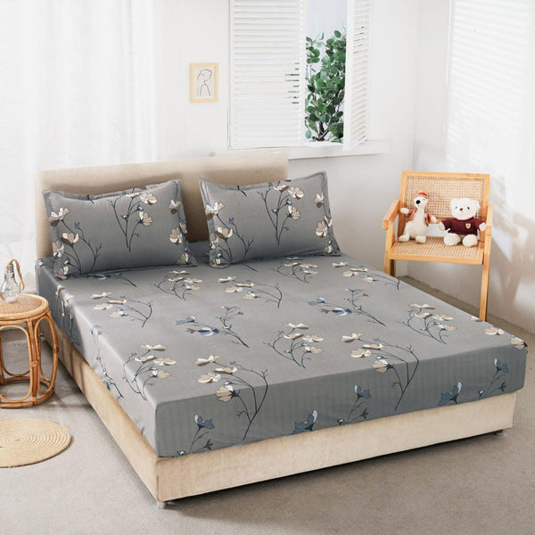 Huse cu Elastic Bumbac Satinat Pat Dublu Gri Floral CF76