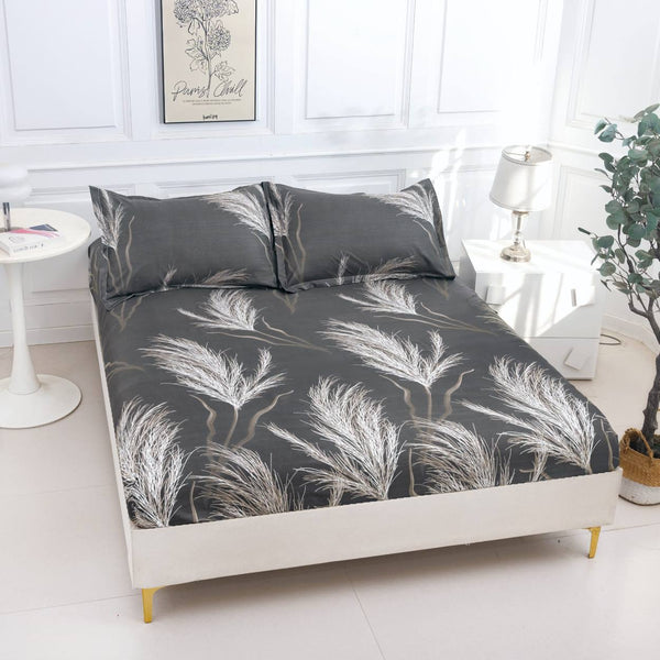 huse cu elastic bumbac satinat pat dublu gri alb frunze CF821